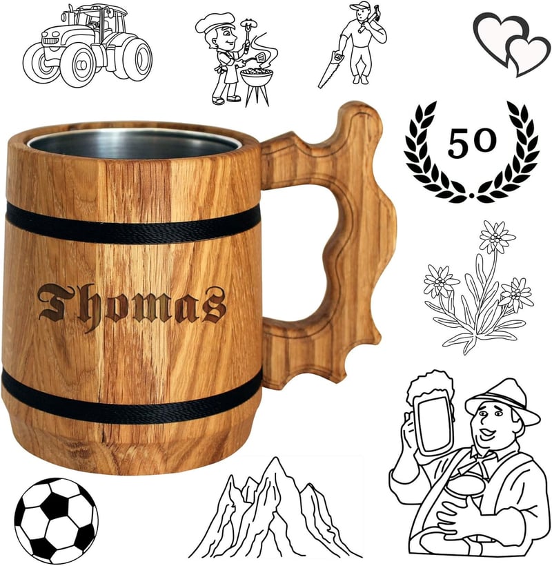 Personalisierter Holz Bierkrug mit Edelstahlbecher 0,5 L für Männer