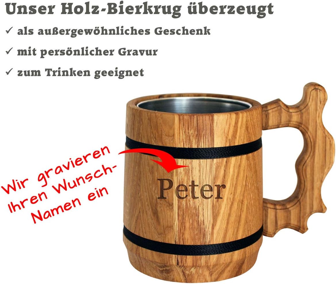 Personalisierter Holz Bierkrug mit Edelstahlbecher 0,5 L für Männer