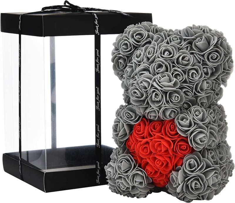Rosenbären Geschenkbär mit 250 Rosenblüten – 10 Zoll, Geschenkbox, für Frauen
