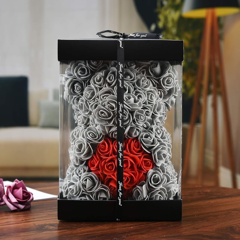 Rosenbären Geschenkbär mit 250 Rosenblüten – 10 Zoll, Geschenkbox, für Frauen