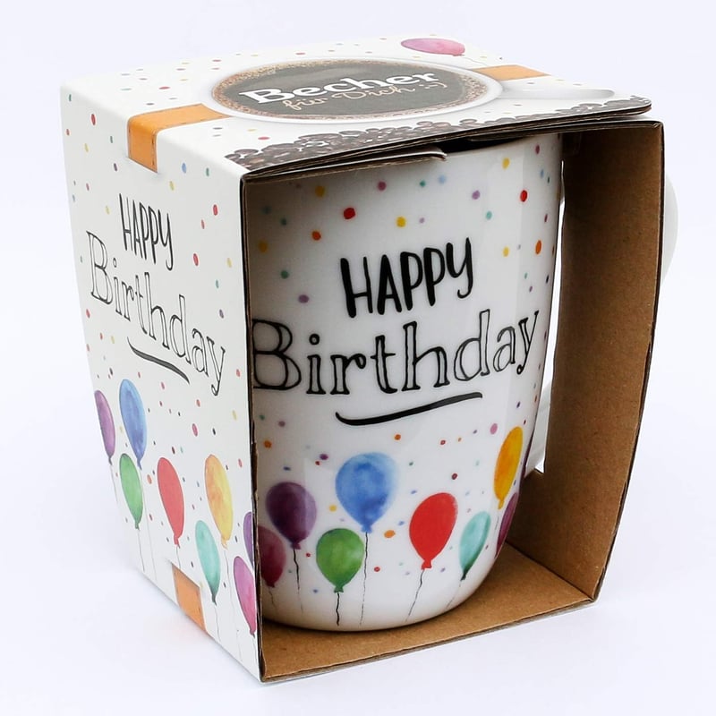 Happy Birthday Porzellan Kaffeebecher, 250 ml, spülmaschinengeeignet
