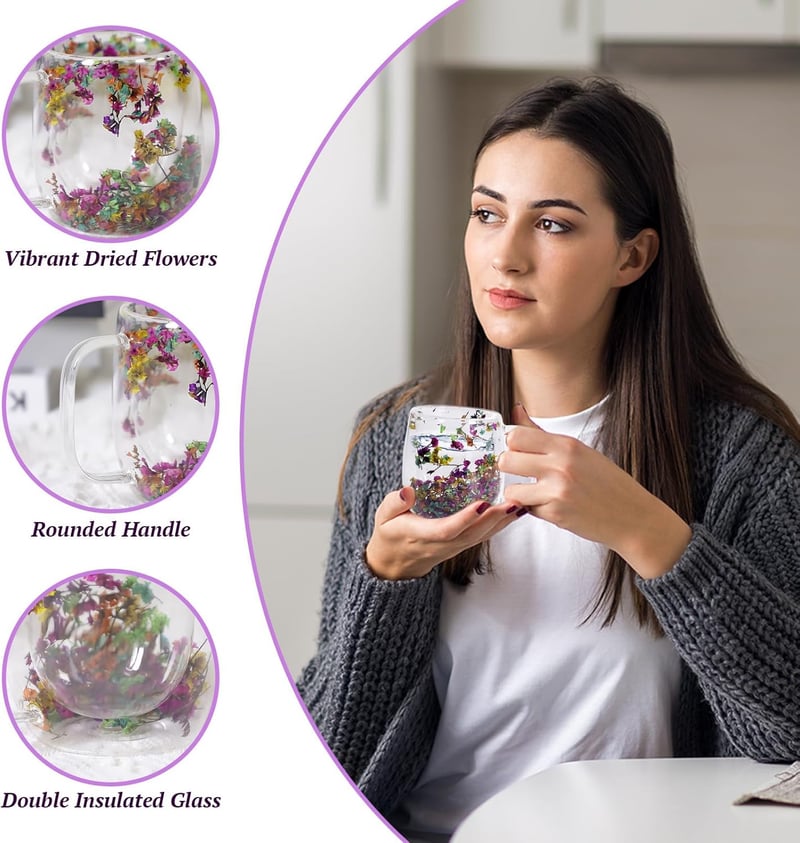 Doppelwandige Gläser mit Griff für Latte Macchiato – 250ml, getrocknete Blumen, originelles Geschenk.