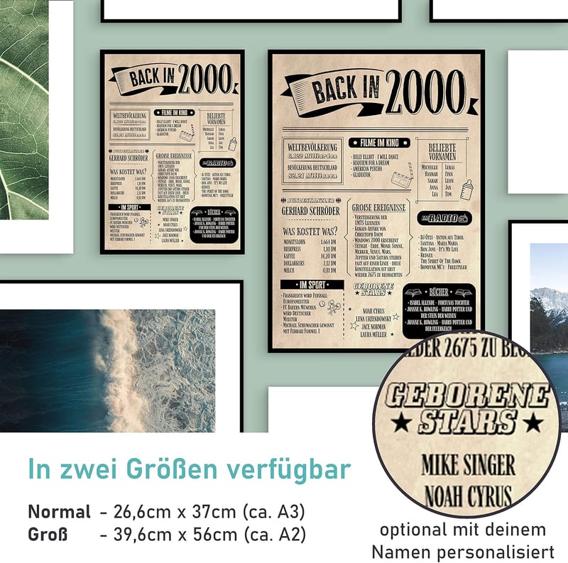 Personalisierbares Holzbild 25. Geburtstag - Vintage Zeitung 2000