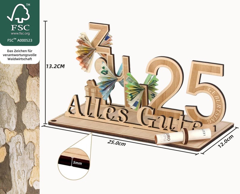 Geldgeschenk Holzdekoration zum 25. Geburtstag für Paare