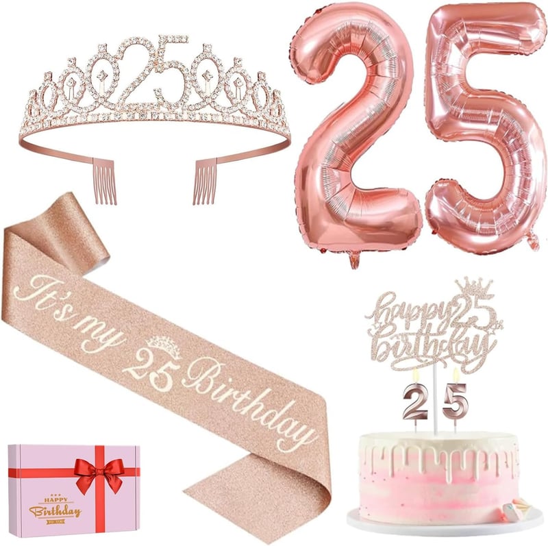 25. Geburtstag Deko-Set für Mädchen - Schärpe, Krone, Tortendeko, Roségold Ballons