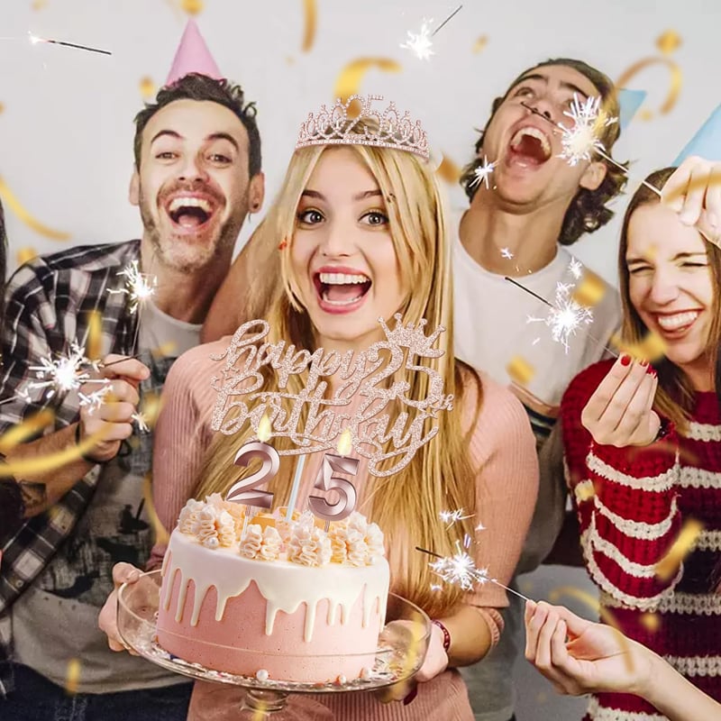 25. Geburtstag Deko-Set für Mädchen - Schärpe, Krone, Tortendeko, Roségold Ballons