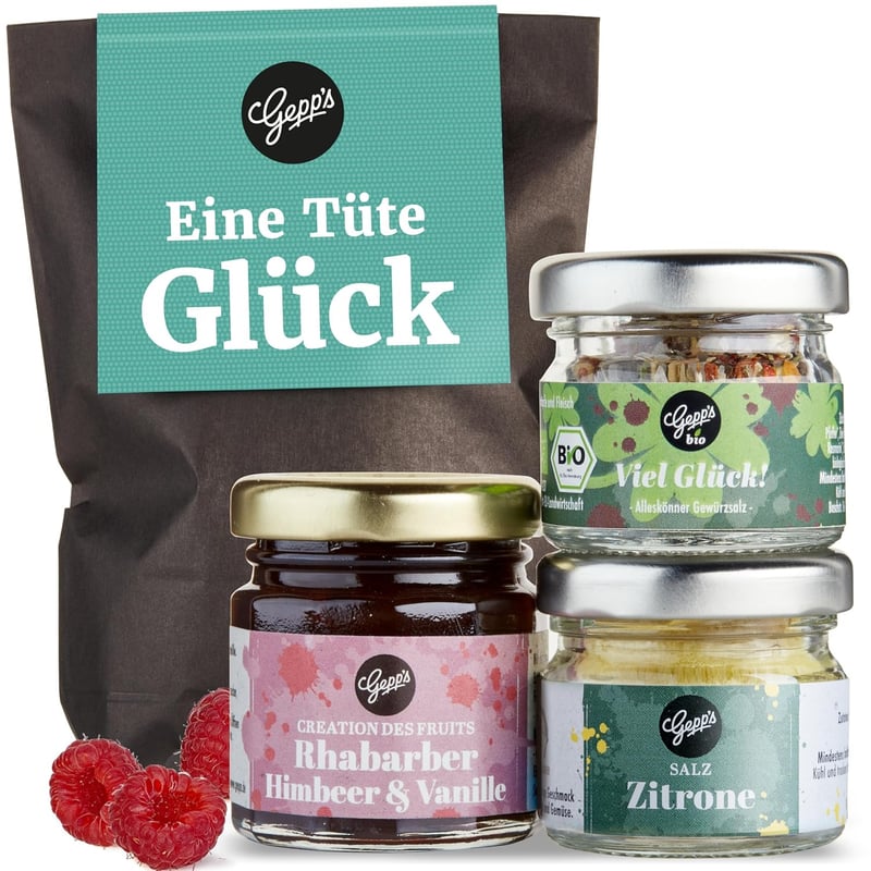 Geschenkset Wundertüte mit Mini-Salz, Gewürzmischung & Rhabarber-Himbeer-Konfitüre