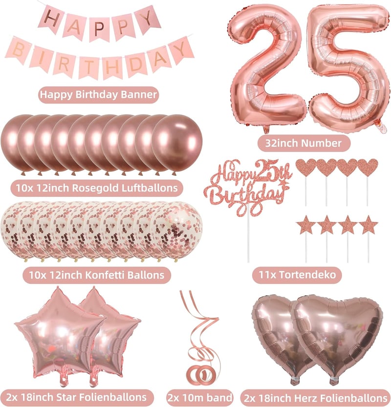 25. Geburtstag Deko für Frauen - Rosegold Tortendeko und Ballon