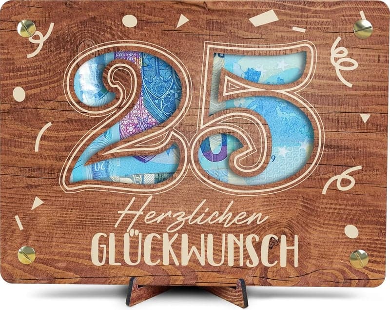 25. Geburtstag - XL Holz-Geldgeschenk mit Ständer für Paare