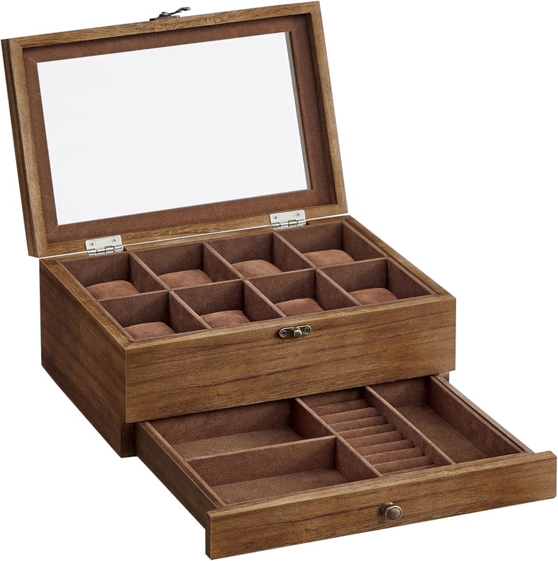 Uhrenbox aus Massivholz mit Glasdeckel und 8 Fächern für Paare