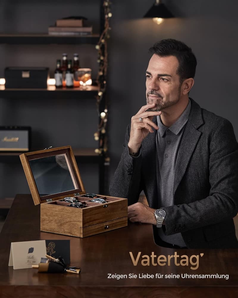 Uhrenbox aus Massivholz mit Glasdeckel und 8 Fächern für Paare