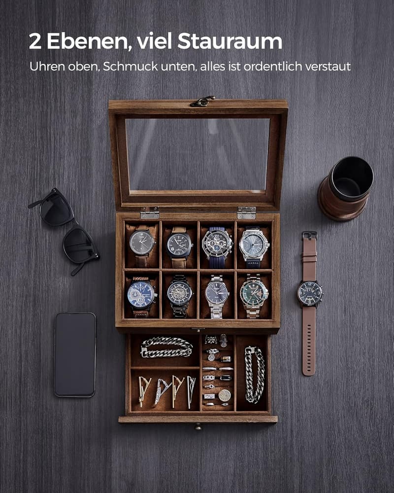 Uhrenbox aus Massivholz mit Glasdeckel und 8 Fächern für Paare