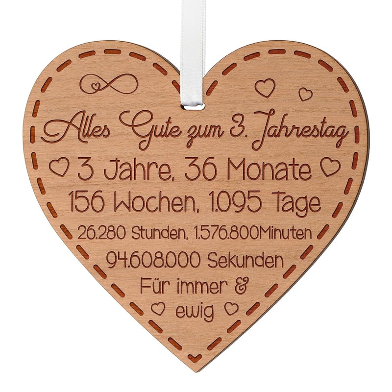 3. Jahrestag Holzherz mit Gravur für Paare