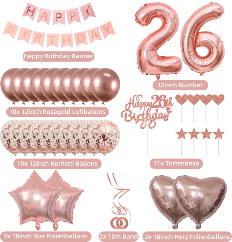 Dekoration zum 26. Geburtstag für Frauen, Roségold Ballons