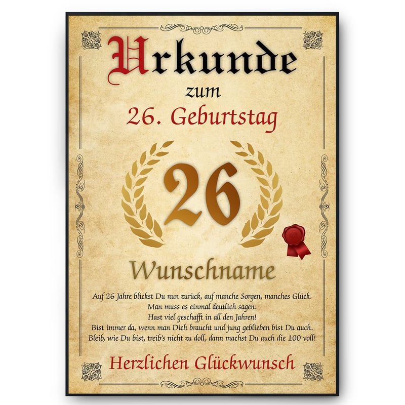 Personalisierte Geburtstagsurkunde zum 26. Geburtstag für Männer und Frauen