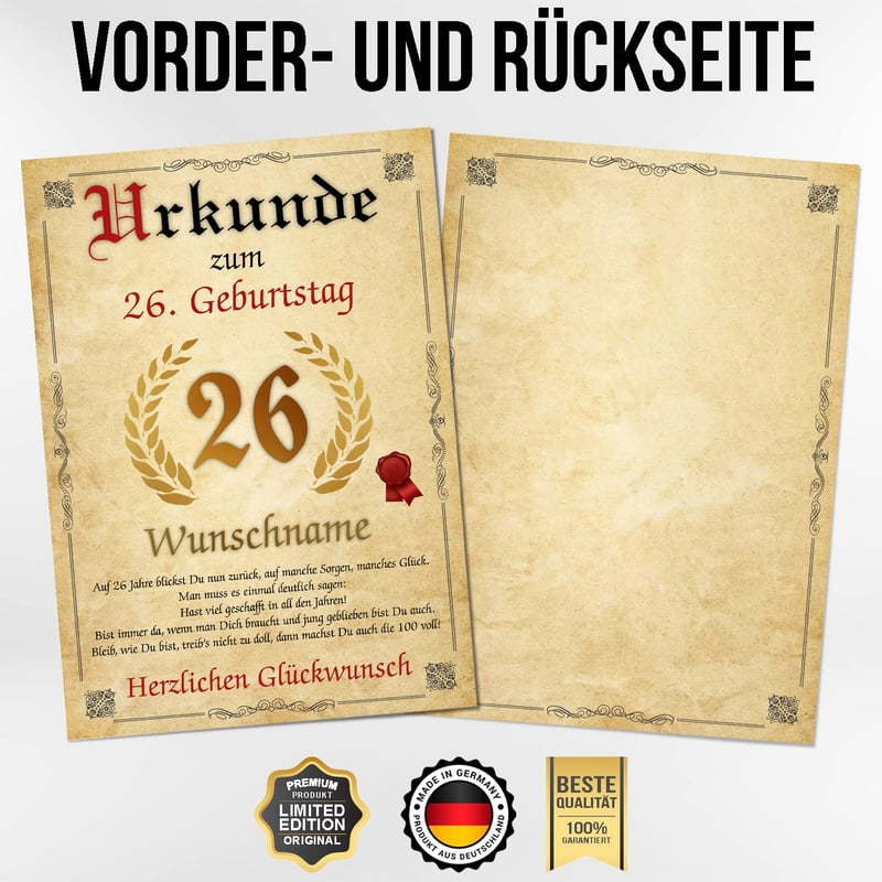 Personalisierte Geburtstagsurkunde zum 26. Geburtstag für Männer und Frauen