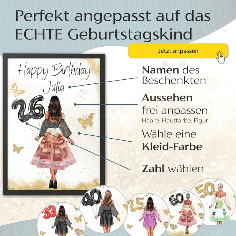 Geldgeschenk zum 26. Geburtstag für die beste Freundin mit Rahmen