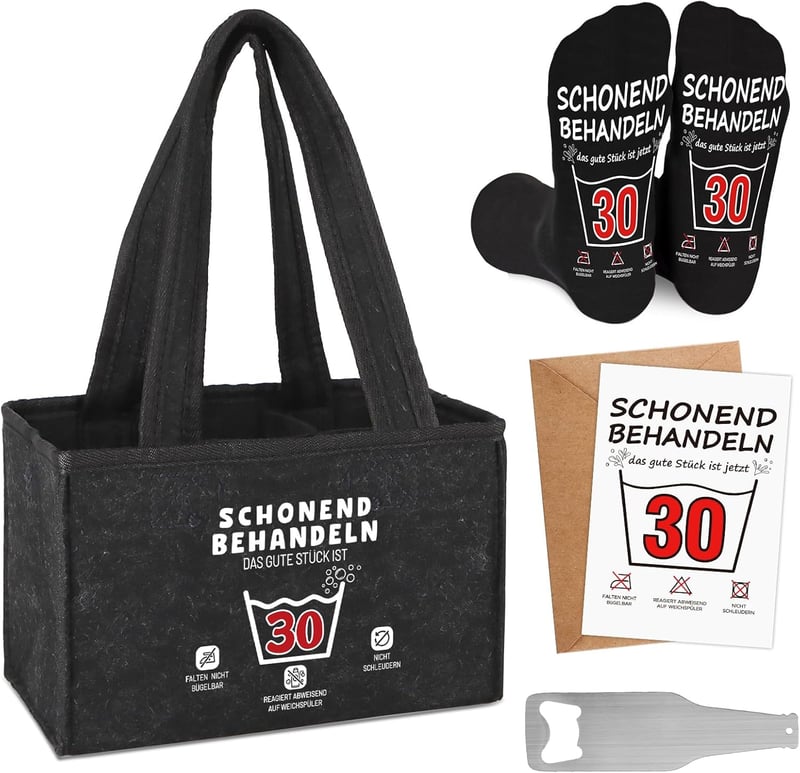 30. Geburtstag Geschenkset für Männer – Filz-Handtasche mit Bier, Flaschenöffner und Socken