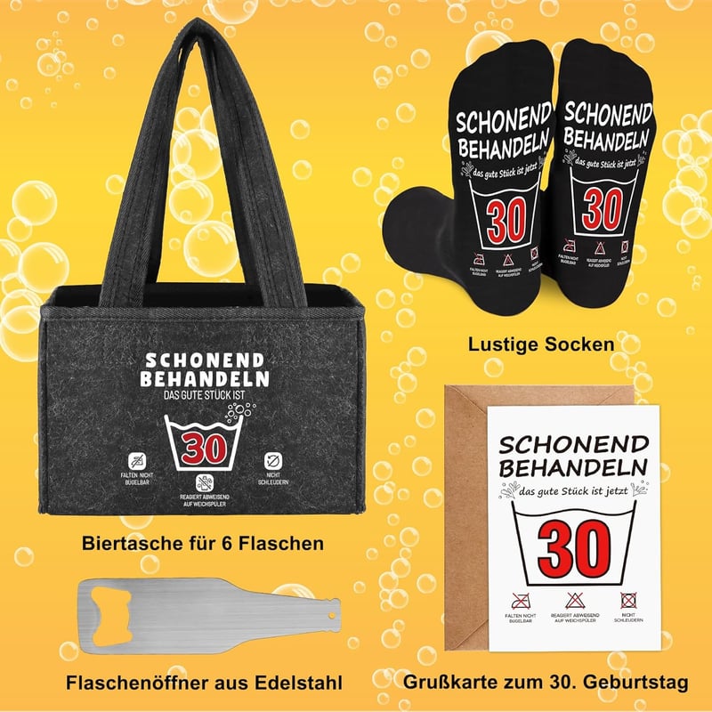 30. Geburtstag Geschenkset für Männer – Filz-Handtasche mit Bier, Flaschenöffner und Socken