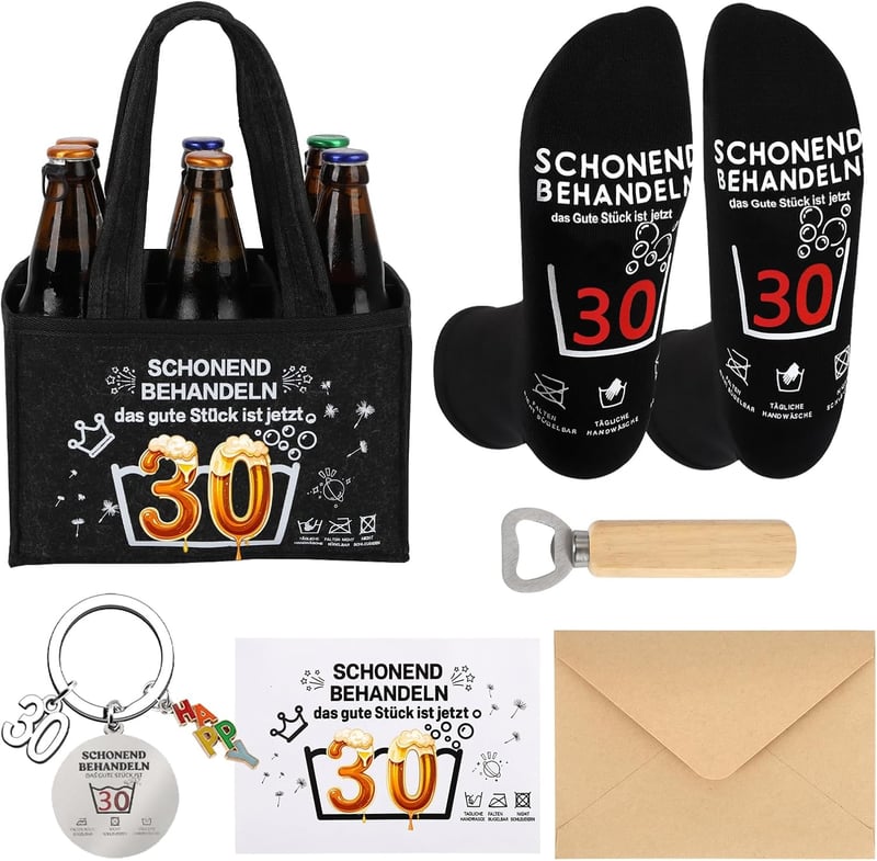Lustige Männerhandtasche mit Flaschenöffner und Socken zum 30. Geburtstag