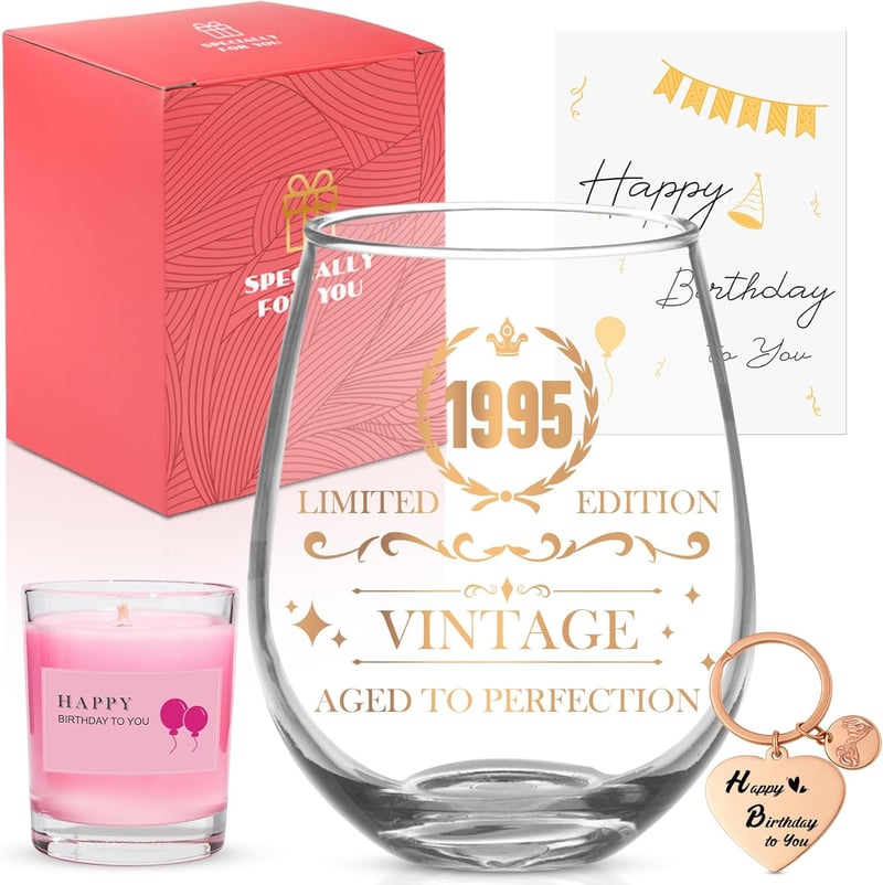 30. Geburtstag Geschenkset für Frauen: Weinglas, Duftkerze & Schlüsselanhänger