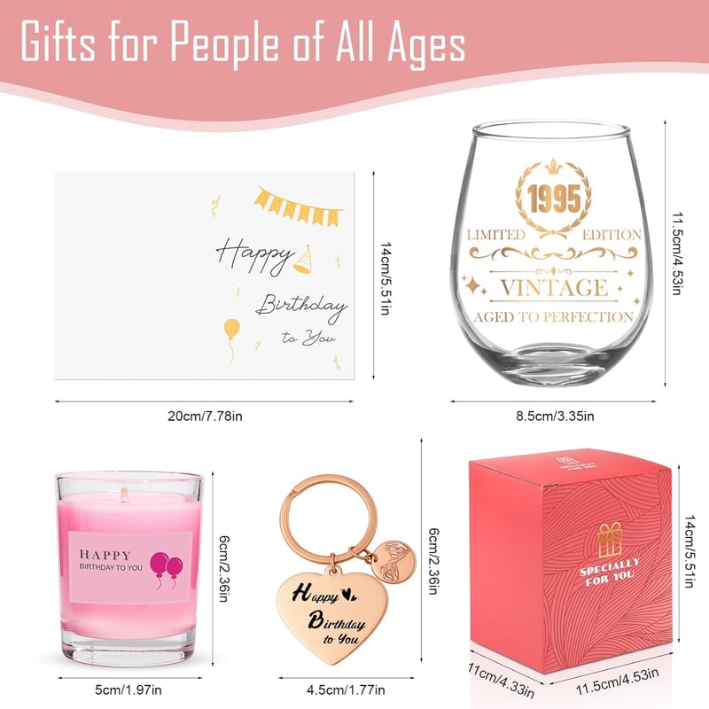 30. Geburtstag Geschenkset für Frauen: Weinglas, Duftkerze & Schlüsselanhänger