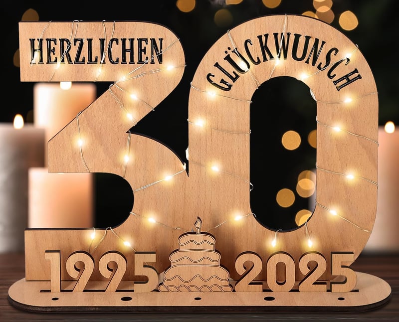 Personalisierbares Holzschild für den 30. Geburtstag – Geschenk mit LED-Lichterkette