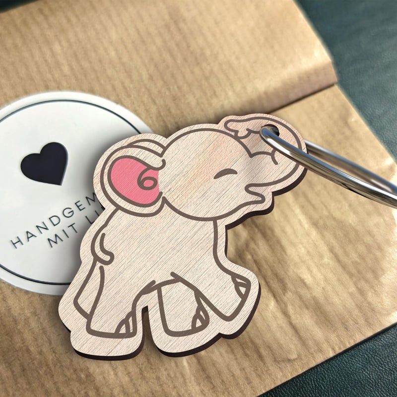 Handgemachter Holz-Schlüsselanhänger Elefant als Glücksbringer für Paare