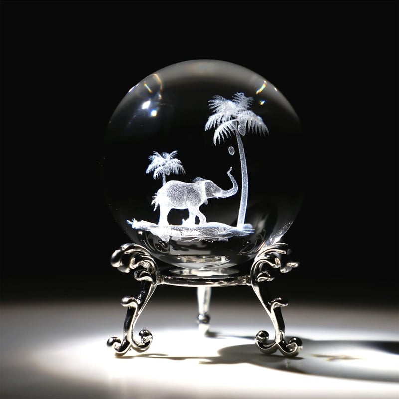Tropischer Elefant Kristallbriefbeschwerer 60 mm mit Ständer, 3D-Gravur