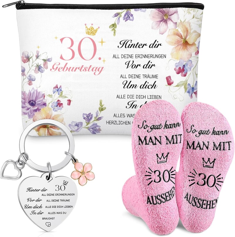 30. Geburtstag Geschenkset für Frauen – Kosmetiktasche, Socken & Schlüsselanhänger