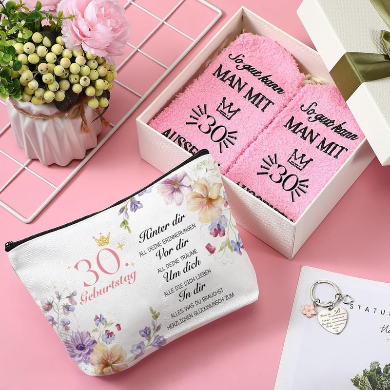 30. Geburtstag Geschenkset für Frauen – Kosmetiktasche, Socken & Schlüsselanhänger