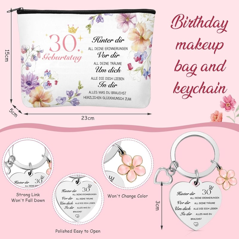 30. Geburtstag Geschenkset für Frauen – Kosmetiktasche, Socken & Schlüsselanhänger