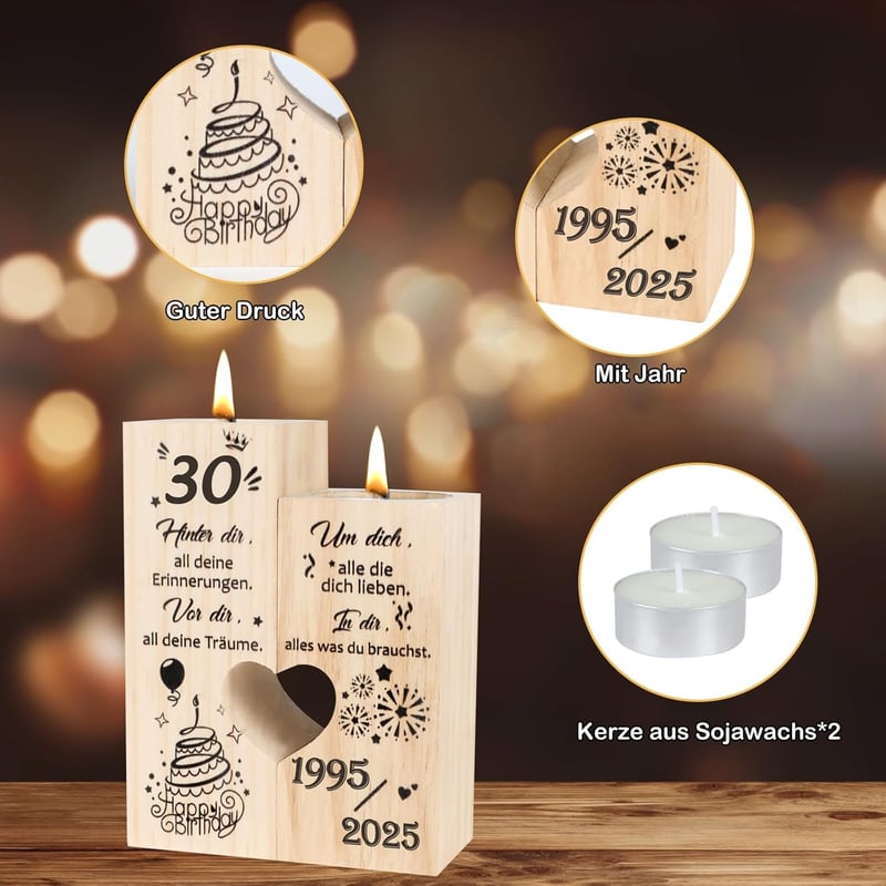 Kerzenständer zum 30. Geburtstag für Frauen, personalisierte Deko 1995-2025