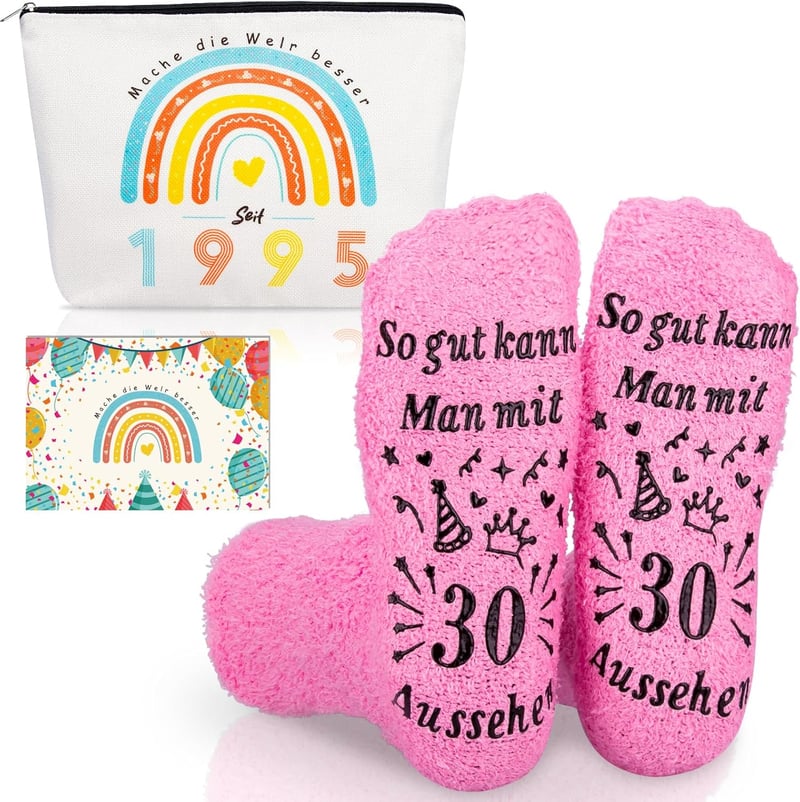 Lustiges Geschenkset zum 30. Geburtstag für Frauen mit Socken und Kosmetiktasche