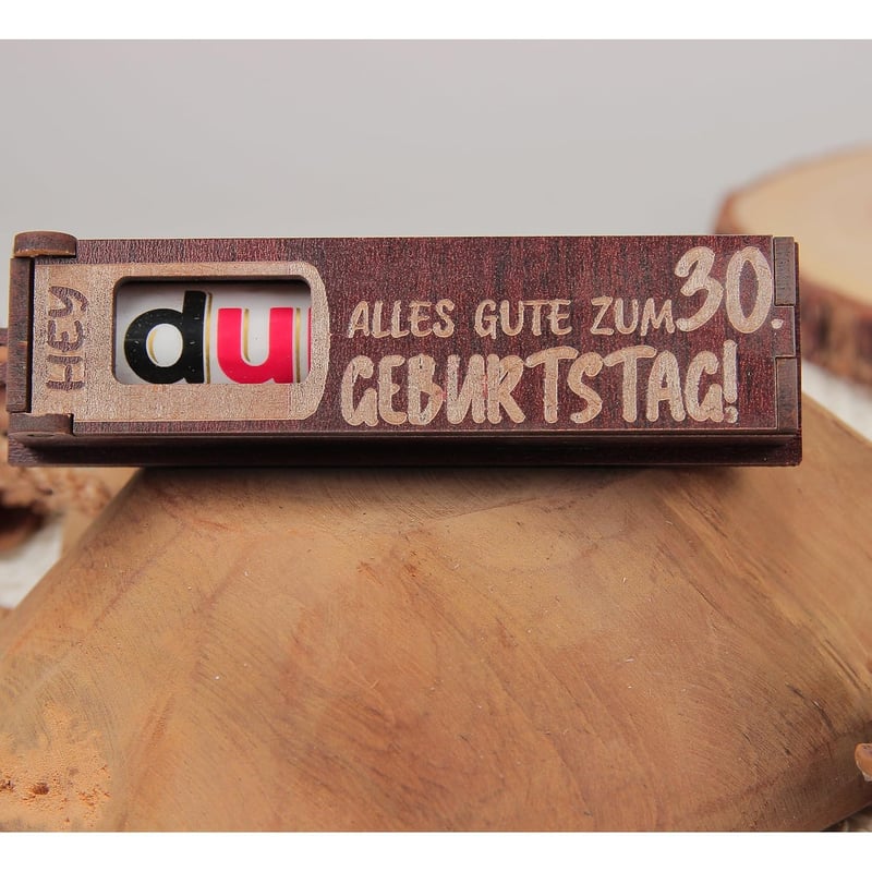 Geschenkbox zum 30. Geburtstag mit Duplo und Gravur – Holzbox in Dunkelbraun