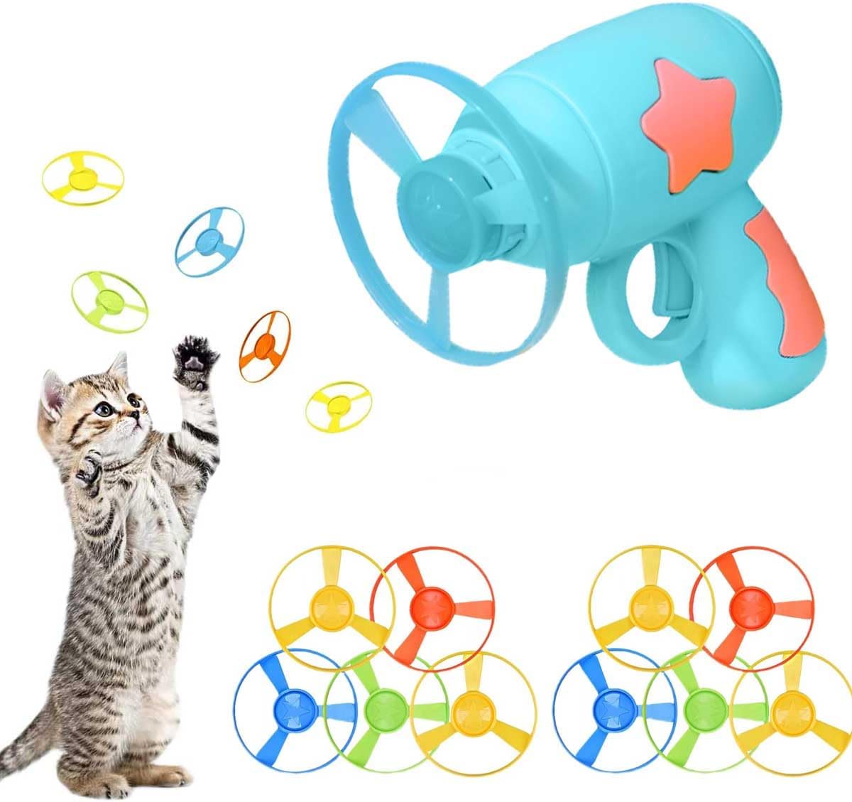 Interaktives Katzenspielzeug-Set mit 10 bunten Fliegern und Launcher