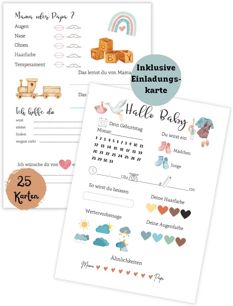 Babyparty Ratespielkarten - Gender Reveal, 25 Stück