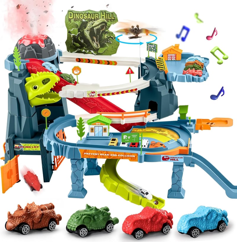YOOHBERRYS Dinosaurier-Rennbahn mit Musik und Spray, 8 Fahrzeuge für Kinder ab 3 Jahren