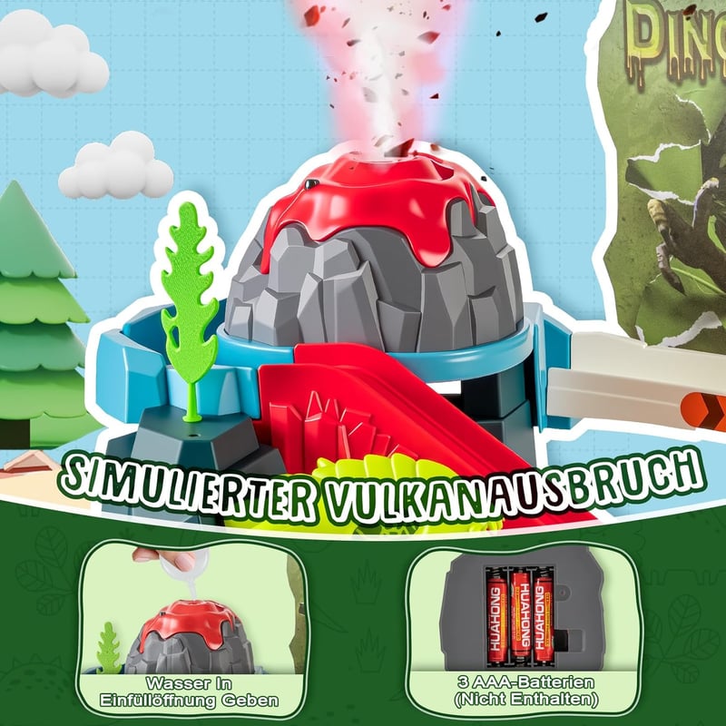 YOOHBERRYS Dinosaurier-Rennbahn mit Musik und Spray, 8 Fahrzeuge für Kinder ab 3 Jahren