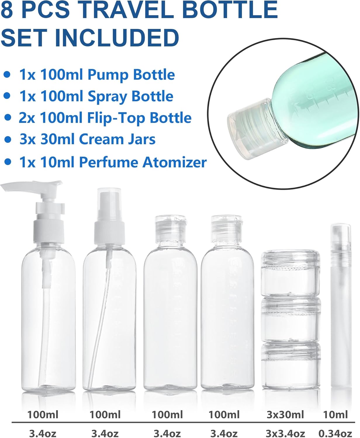 Reiseflaschen Set 8 Stück, 100ml, transparent für Handgepäck