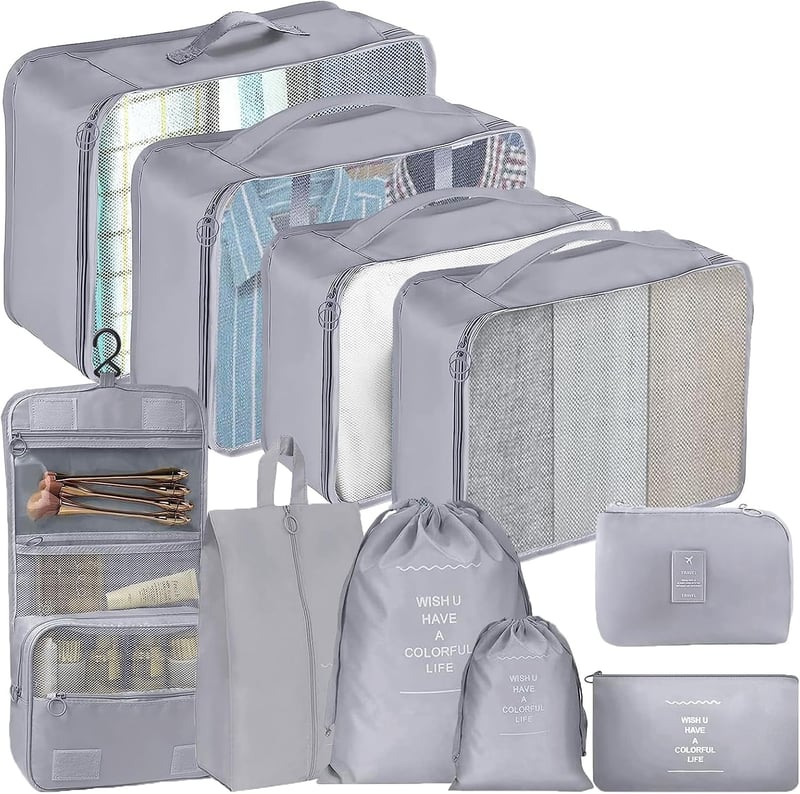10-teiliges Reiseorganizer-Set aus grauen Packing Cubes für Koffer und Rucksack