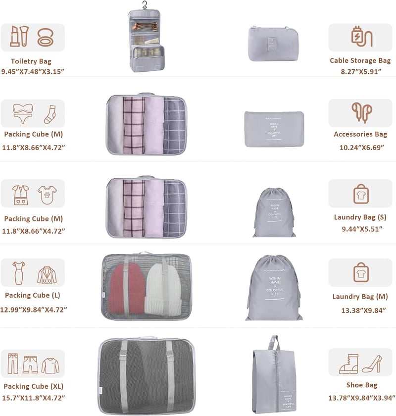 10-teiliges Reiseorganizer-Set aus grauen Packing Cubes für Koffer und Rucksack