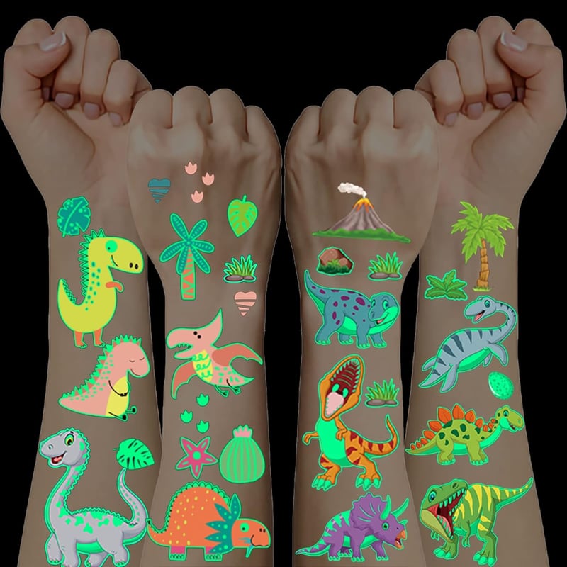 Leuchtende Dino-Tattoos für Kinder – 10er Set für Geburtstagsfeiern