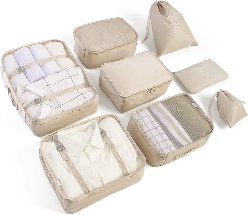 Reiseorganizer Set mit Packing Cubes und Schuhbeutel (8-teilig, Beige)