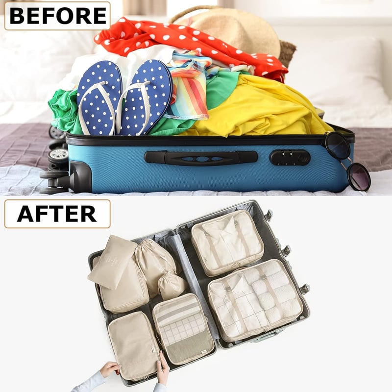 Reiseorganizer Set mit Packing Cubes und Schuhbeutel (8-teilig, Beige)
