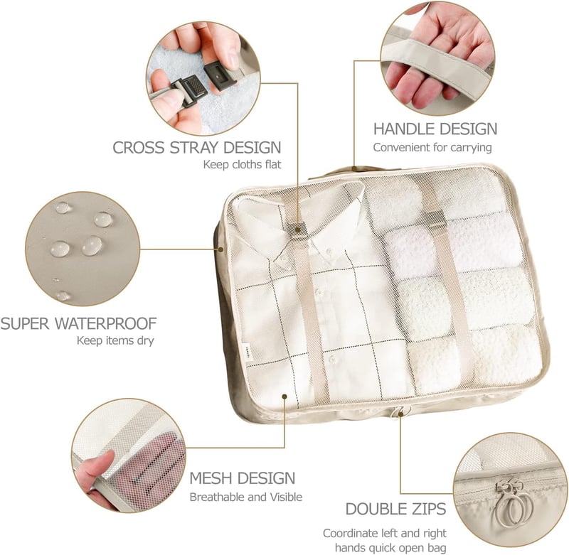 Reiseorganizer Set mit Packing Cubes und Schuhbeutel (8-teilig, Beige)