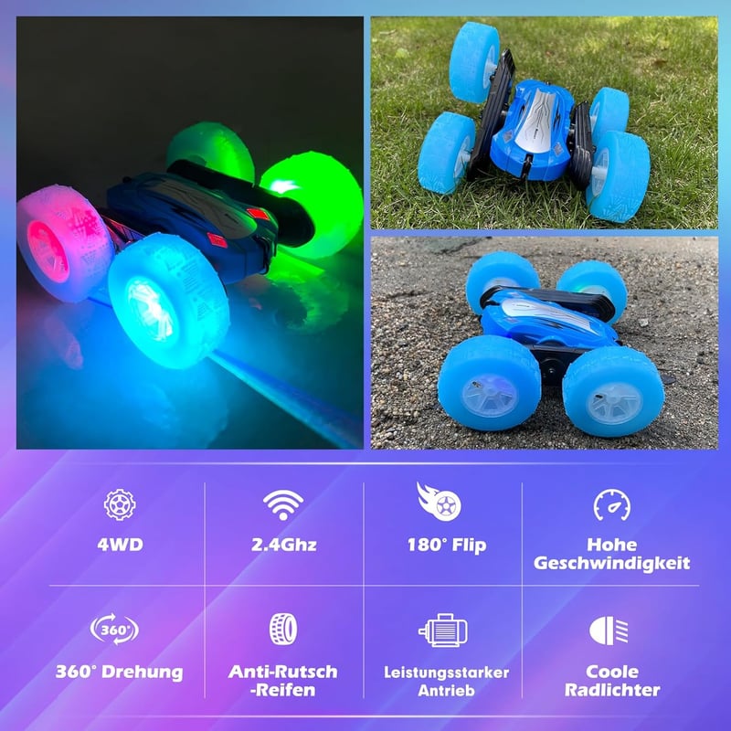 Ferngesteuertes 360° Flip Auto für Jungen, LED Licht, blau