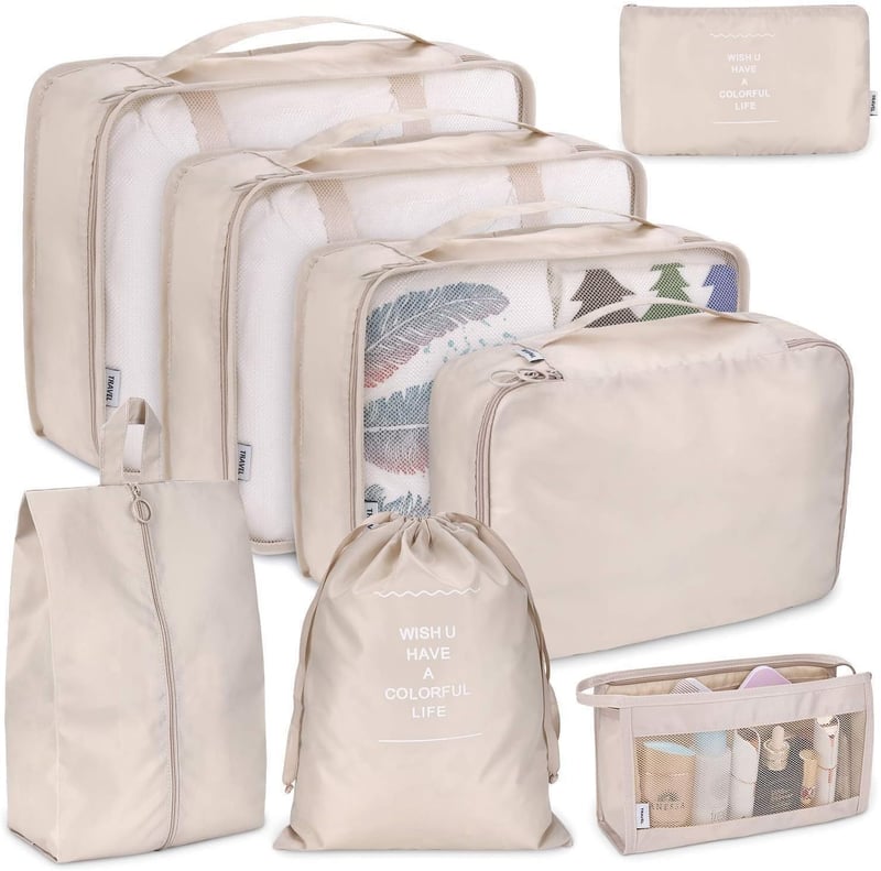 Faltbare Reise-Verpackungswürfel, 8-teilig, leichte Gepäck Organizer (Beige)