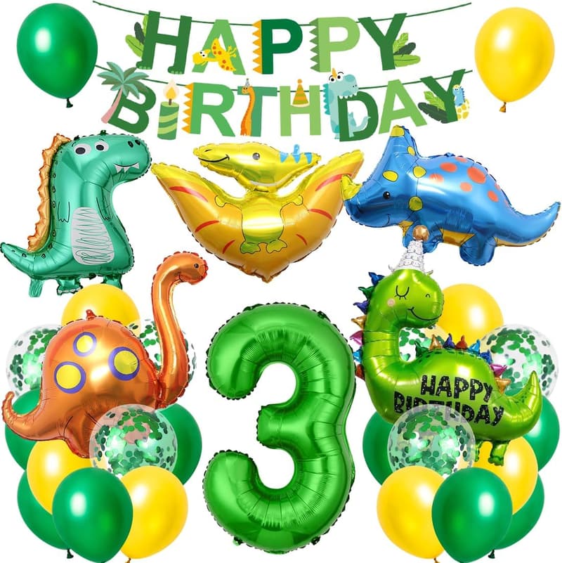 Dino Geburtstagsdeko für Jungen 3 Jahre mit Folienballon und Banner