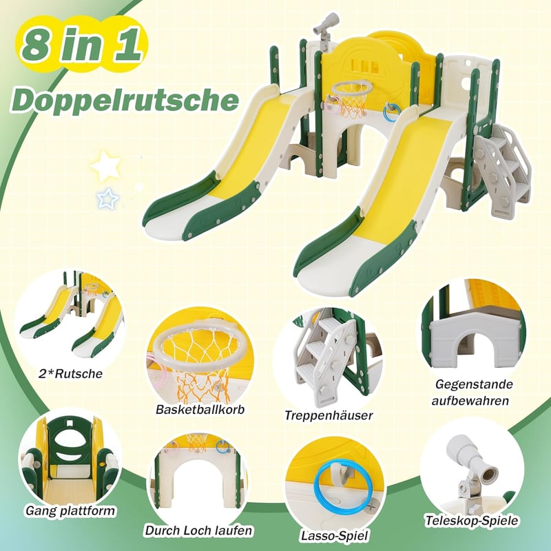 Vielseitige 8-in-1 Kinderrutsche für drinnen und draußen (Grün)